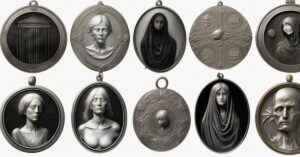 * **Central Element:** A single, tarnished, antique silver locket or medallion, lying open. Inside, instead of portraits, there are faint, ghostly impressions or textures suggesting fragmented memories or unseen faces – perhaps a hint of faded parchment or a texture resembling dried earth.