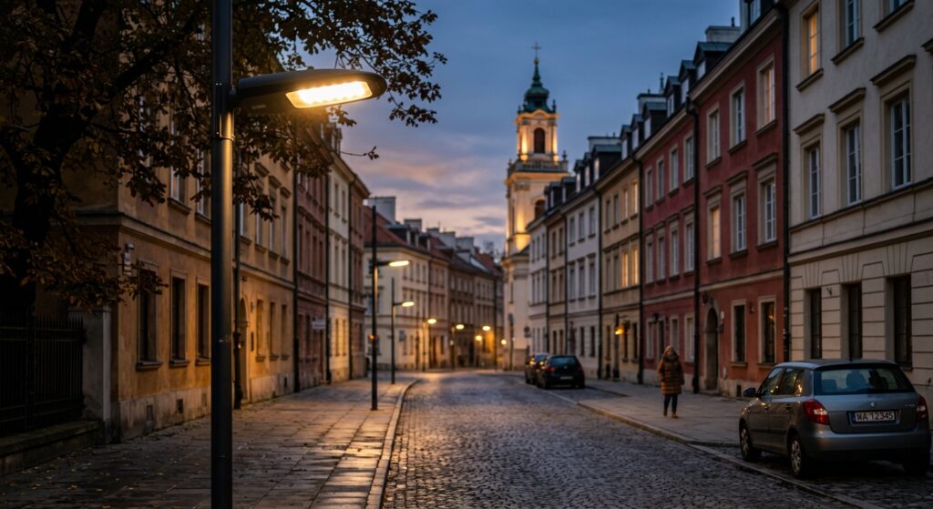 A professional, cinematic shot of a modern LED street lamp glowing at dusk on a quiet Warsaw residen