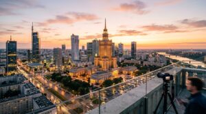 A professional editorial photograph of the Warsaw skyline at golden hour, featuring a panoramic view