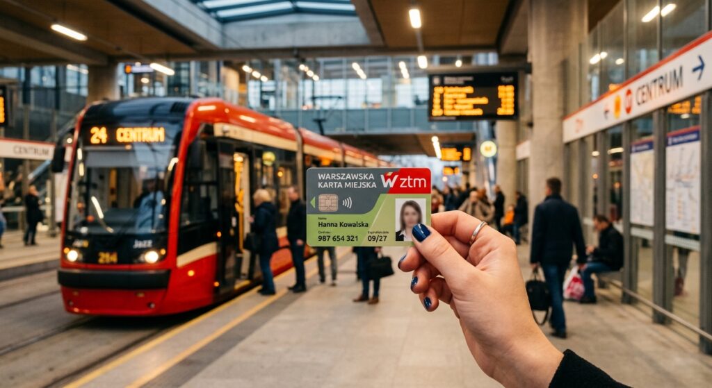 A professional, editorial-style photograph of a Warsaw ZTM transport card held in hand against a blu
