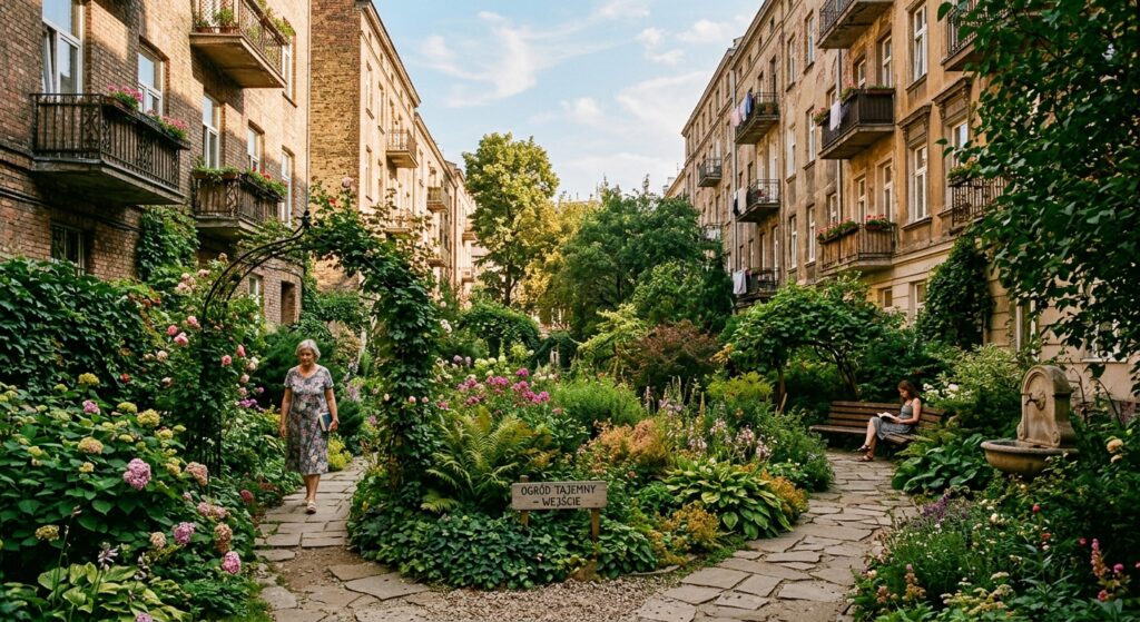 A cinematic, editorial-style photograph of a lush, sun-drenched secret garden tucked away between hi