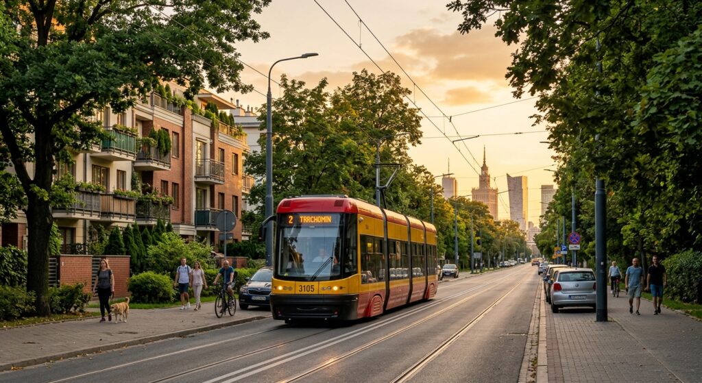 A professional editorial photograph of a modern Warsaw tram moving through a leafy, residential stre