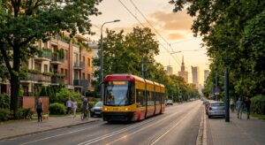 A professional editorial photograph of a modern Warsaw tram moving through a leafy, residential stre