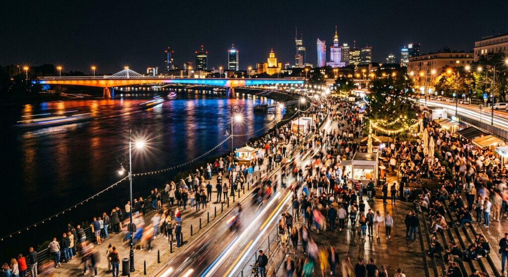 Dynamic long-exposure shot of the Vistula River boulevards at night, illuminated by city lights and