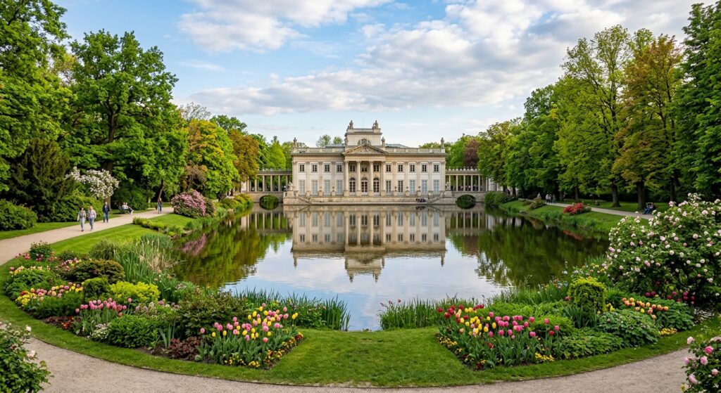 The lush greenery and blooming flowerbeds of Łazienki Park with the Palace on the Isle reflected in