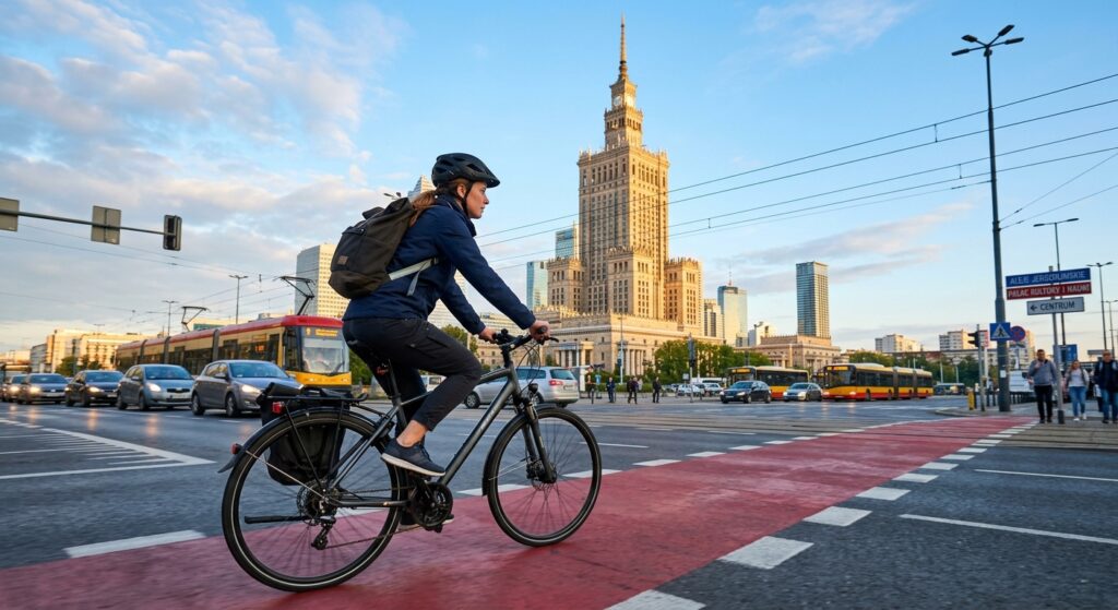 A professional editorial photograph of a modern commuter cycling past the iconic Palace of Culture a