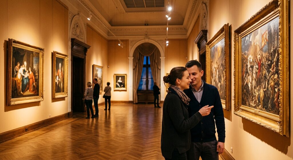 Intimate cultural moment inside a historic Warsaw museum, warm gallery lighting reflecting on classi