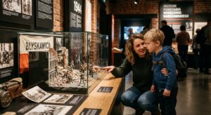 A high-quality, editorial-style photograph capturing a parent and child exploring the Warsaw Uprisin