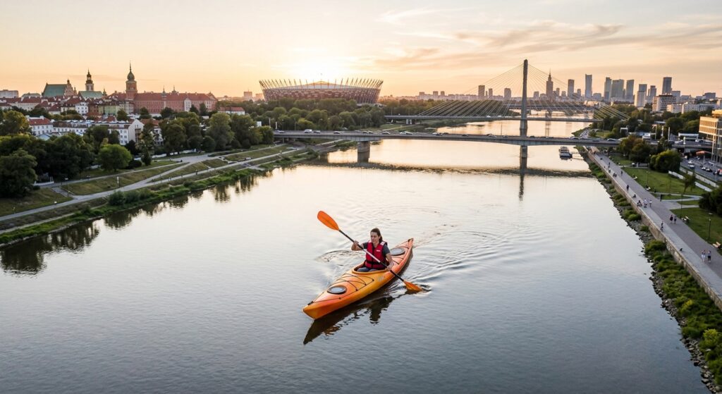 A professional, high-angle editorial photograph of a person in a bright kayak navigating the calm, s