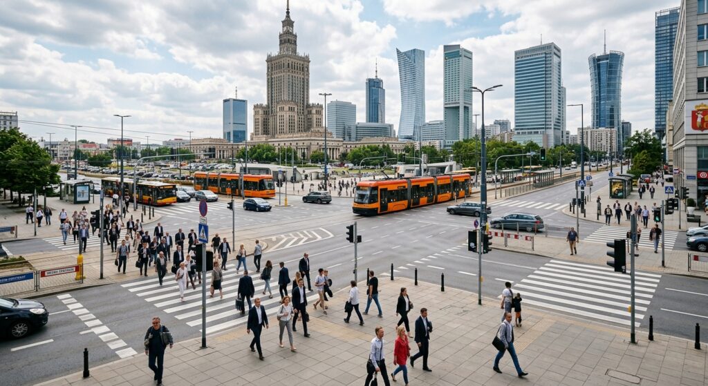 A professional, editorial-style photograph of a busy, modern Warsaw intersection during the day, fea