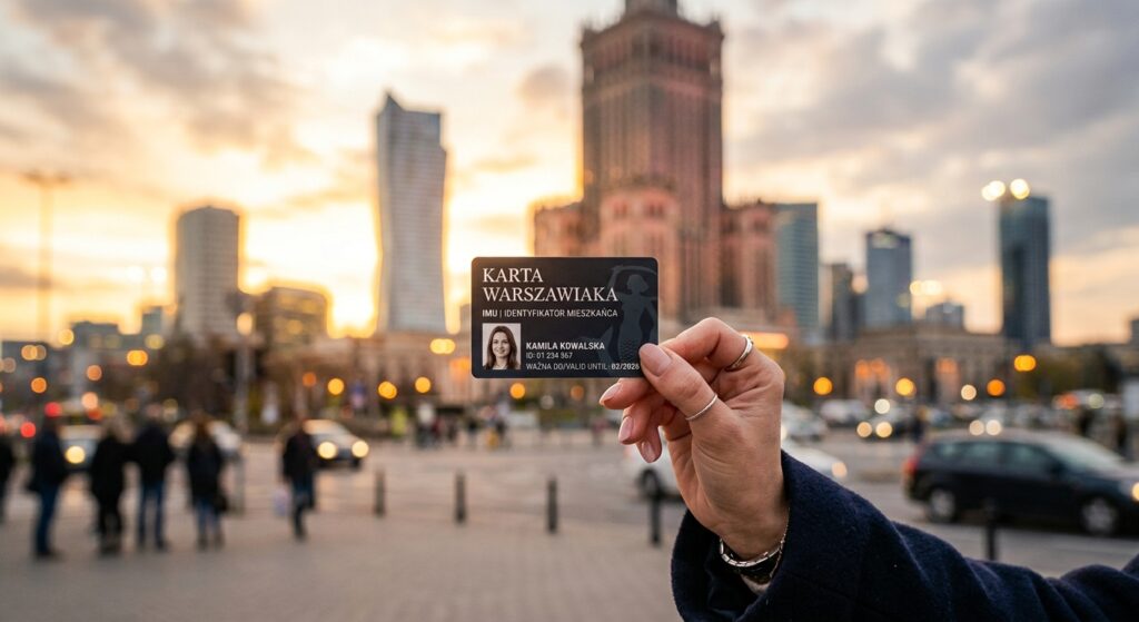 A high-quality, professional editorial photograph showing a stylish digital city resident card held
