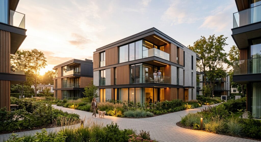 A professional editorial photograph of modern, high-end residential architecture in the Wilanów dist