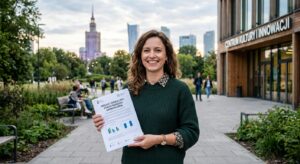 A modern, high-quality editorial photograph featuring a friendly Warsaw resident holding a project d