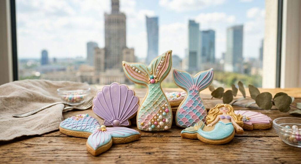 A professional editorial close-up shot of colorful, homemade mermaid-themed sugar cookies decorated