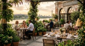A sophisticated, editorial-style photograph of a lush, sun-drenched secret garden terrace at a styli