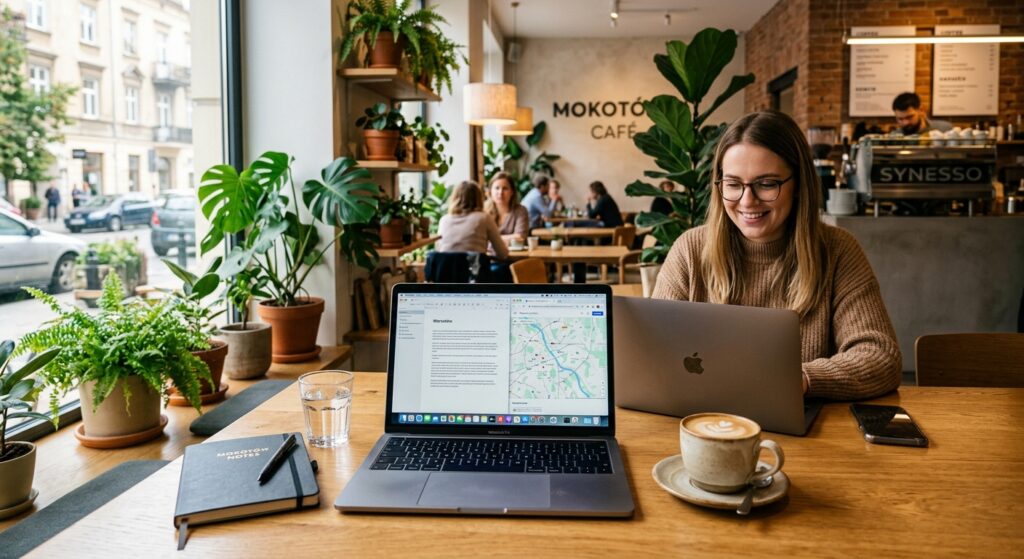 A professional, editorial-style photograph of a sunlit, modern cafe interior in Warsaw's Mokotów dis
