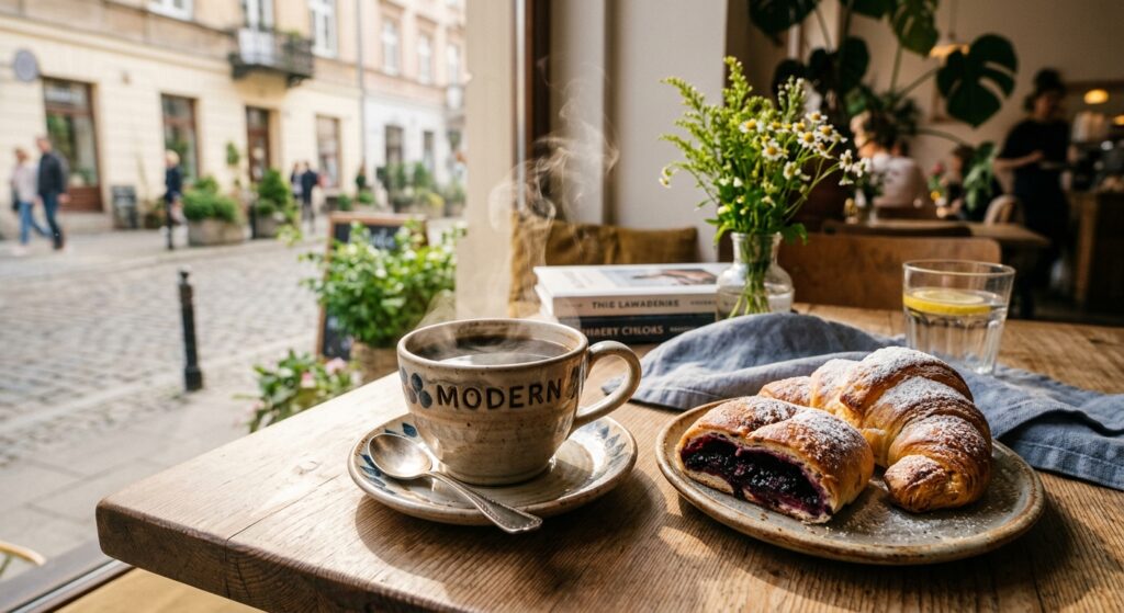 Close-up of a steaming traditional Polish coffee and regional pastry served at a trendy cafe in the