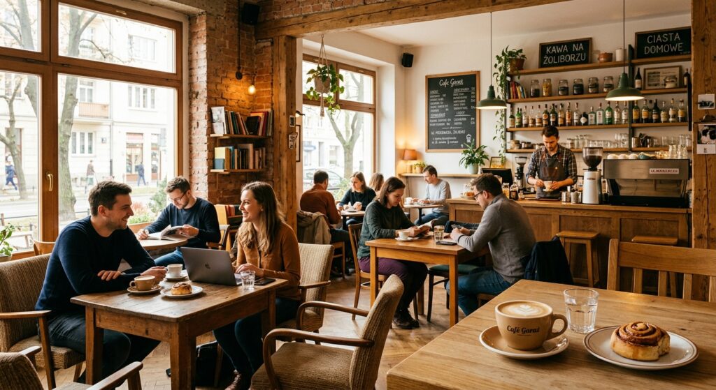 A cozy, sunlit interior of a stylish neighborhood café on Żoliborz in Warsaw, captured in a high-end
