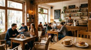 A cozy, sunlit interior of a stylish neighborhood café on Żoliborz in Warsaw, captured in a high-end