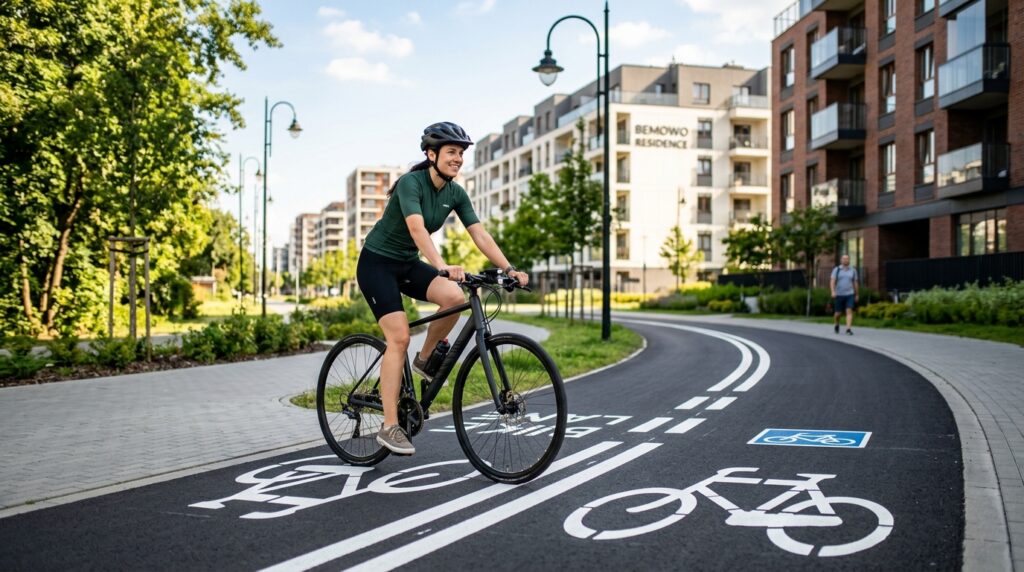 Modern, high-quality editorial shot of a sleek bicycle on a new, well-marked asphalt cycling path in