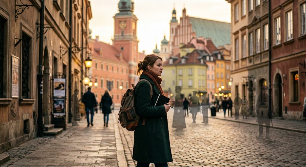 A cinematic, editorial-style shot of a contemplative traveler walking along a historic Warsaw street
