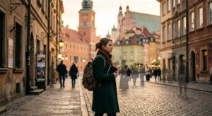A cinematic, editorial-style shot of a contemplative traveler walking along a historic Warsaw street
