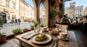 A high-quality, editorial-style photograph of a sun-drenched table featuring aesthetic breakfast dis