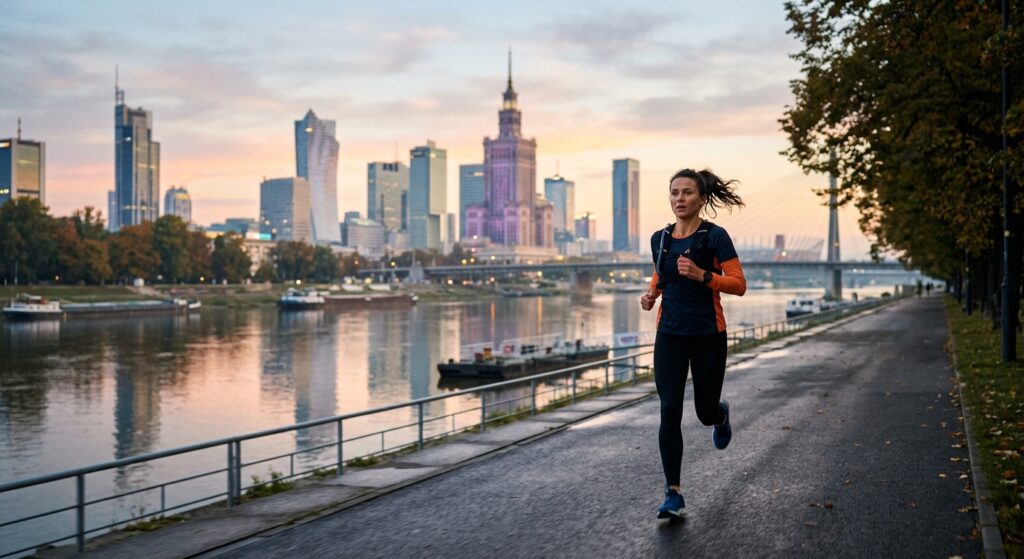 A professional, cinematic shot of a determined runner at dawn, jogging along the scenic Vistula Rive