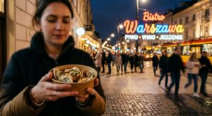 A high-quality, atmospheric editorial shot of a lively Warsaw street at night, featuring a blurry gl