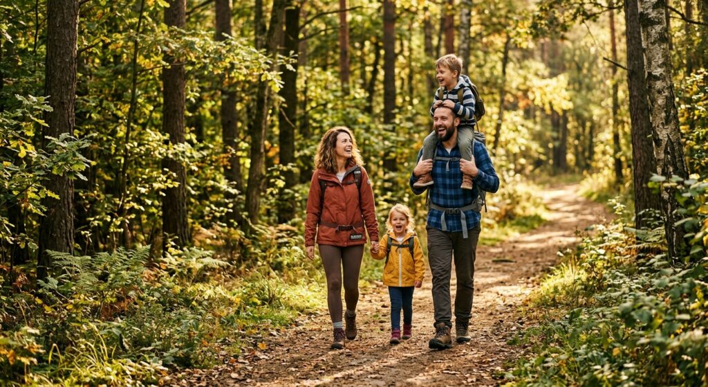 A high-quality editorial photograph of a joyful family or hiker with a backpack walking along a scen