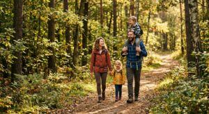 A high-quality editorial photograph of a joyful family or hiker with a backpack walking along a scen