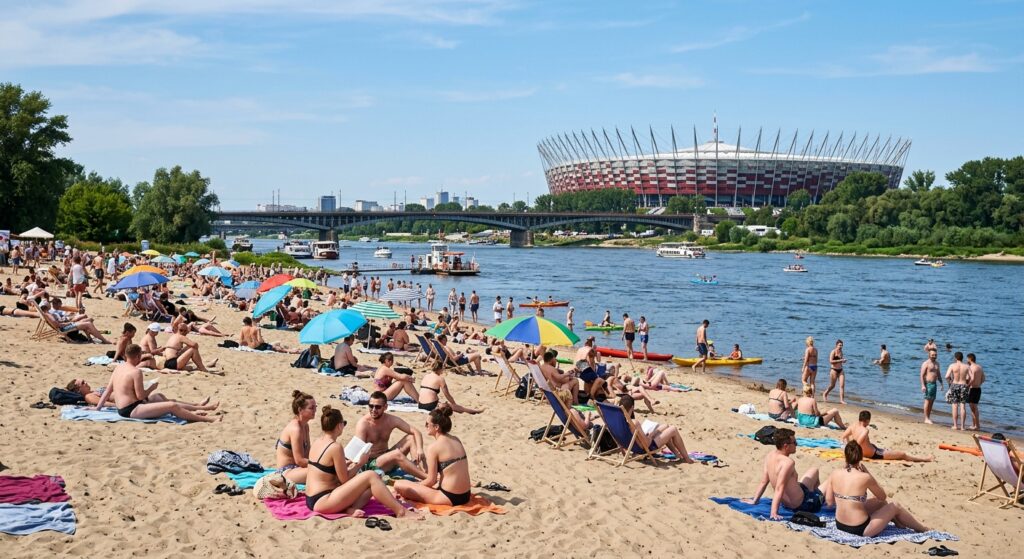 People relaxing on the sandy beaches of the Vistula riverbank with a perfect view of the Warsaw Nati