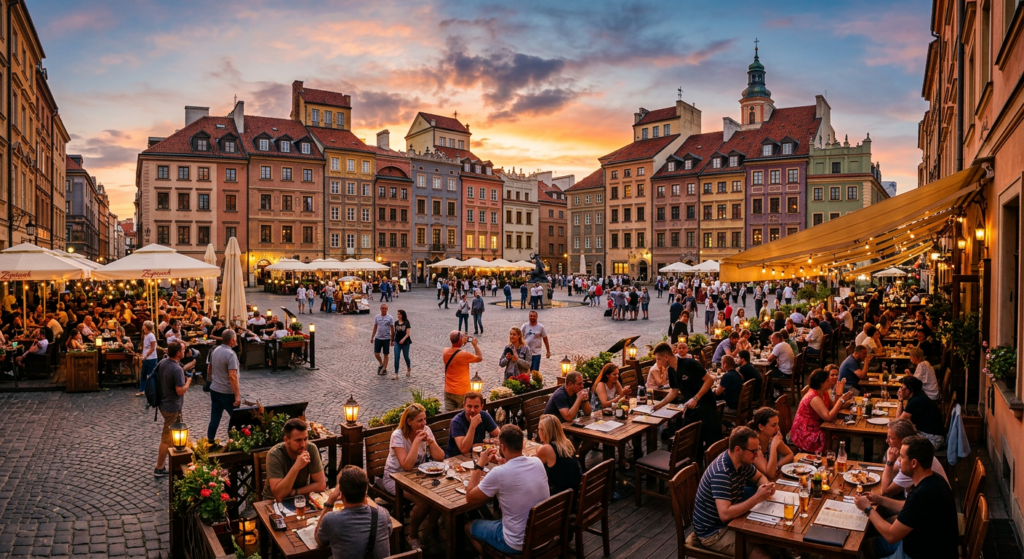 A vibrant sunset view of the Warsaw Old Town Market Place with locals and tourists bustling around c