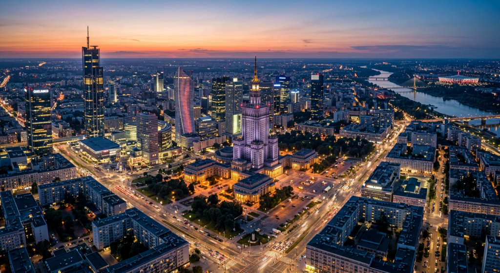 A high-angle aerial shot of the modern Warsaw skyline featuring the Palace of Culture and Science bl