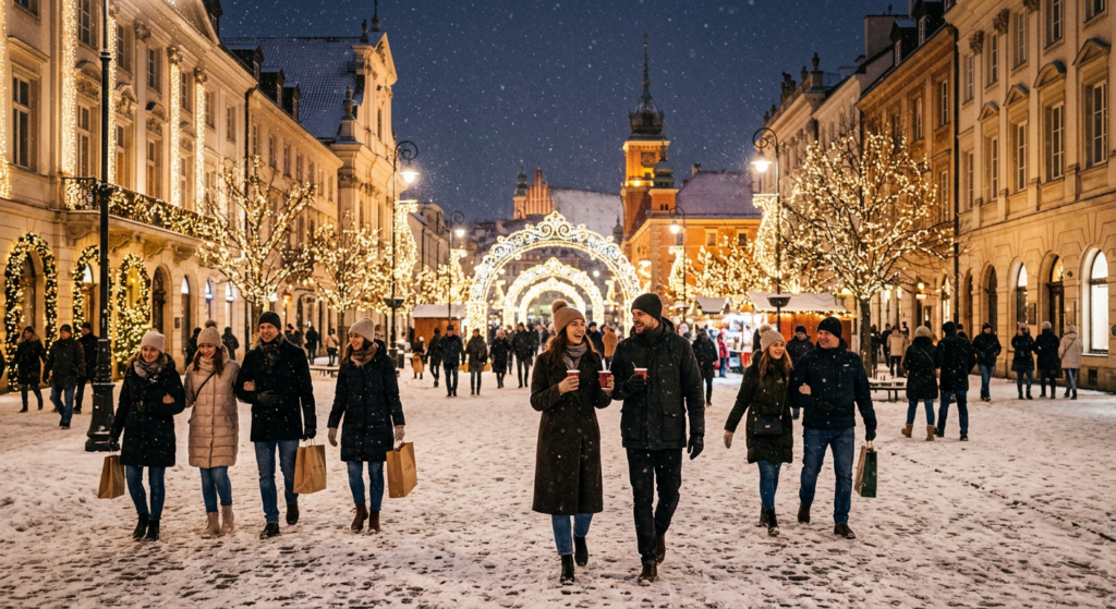 A winter scene of the Royal Route decorated with festive Christmas lights, with pedestrians walking
