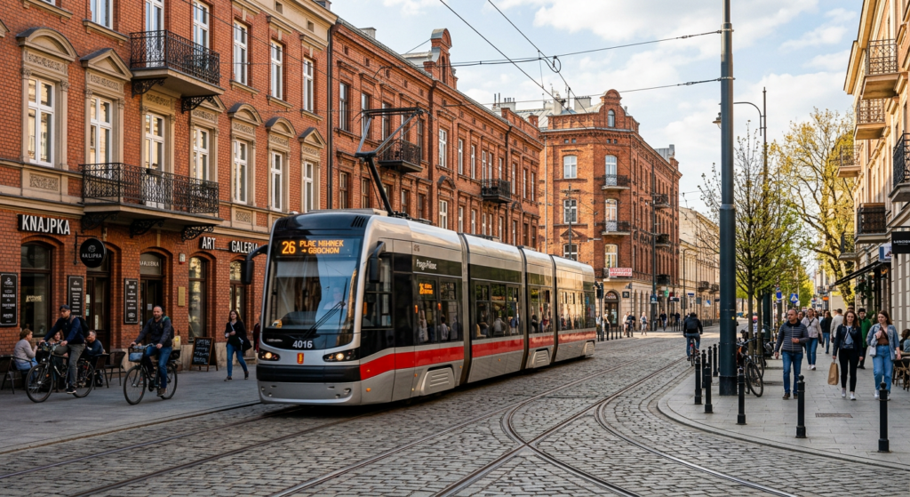 A sleek and aesthetic shot of a modern tram passing through the renovated Praga district, highlighti