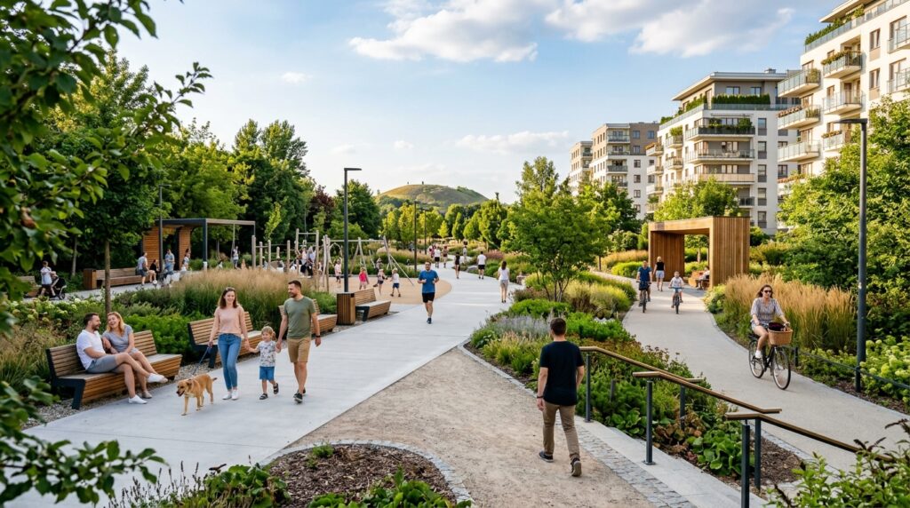 A professional, wide-angle editorial shot of a modern, beautifully revitalized urban park in Warsaw’