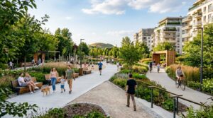 A professional, wide-angle editorial shot of a modern, beautifully revitalized urban park in Warsaw’