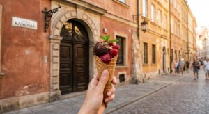 A high-quality, atmospheric editorial shot of a artisanal ice cream cone held in front of a sunlit,