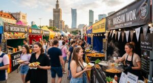 A vibrant, professional editorial shot of a lively outdoor food festival in Warsaw featuring diverse