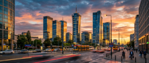 A sleek, editorial-style wide shot of Warsaw’s Wola district skyline at sunset, featuring modern gla