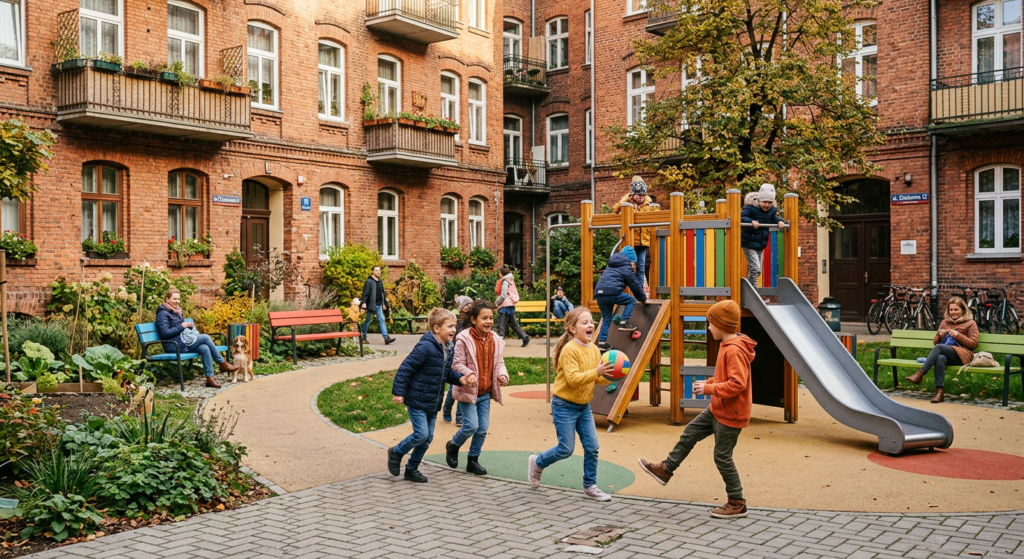 A professional, editorial-style photograph of children playing in a vibrant, renovated courtyard in