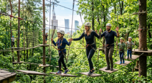 A professional editorial-style shot of a joyful family navigating a challenging obstacle course in a