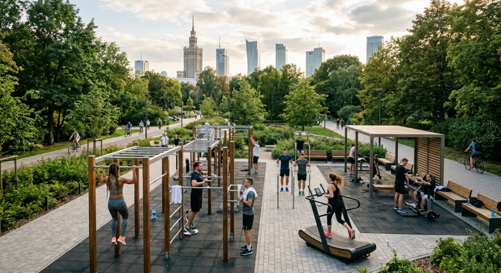A professional, high-angle editorial photograph of a modern outdoor gym in a lush Warsaw park with t