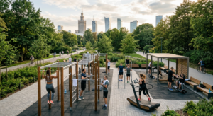 A professional, high-angle editorial photograph of a modern outdoor gym in a lush Warsaw park with t
