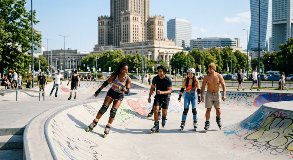 A high-quality, editorial-style photograph of a diverse group of people rollerblading on a sunny day