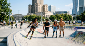 A high-quality, editorial-style photograph of a diverse group of people rollerblading on a sunny day