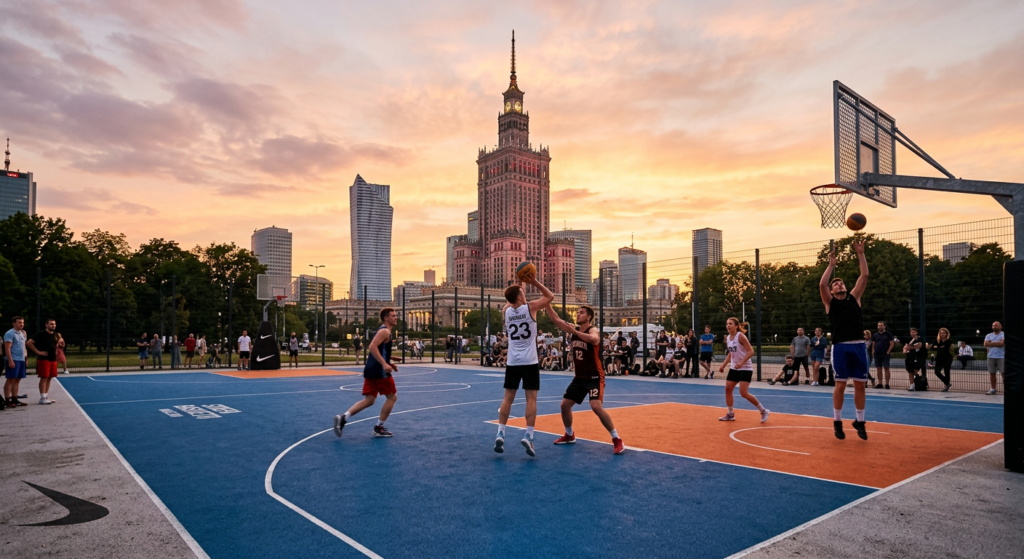 A professional urban photography shot of a sleek outdoor basketball court in the heart of Warsaw, fe