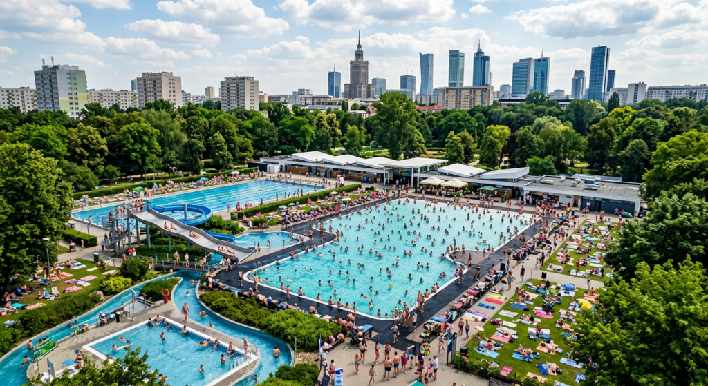 A high-angle, professional editorial shot of a modern, vibrant outdoor swimming pool complex in Wars