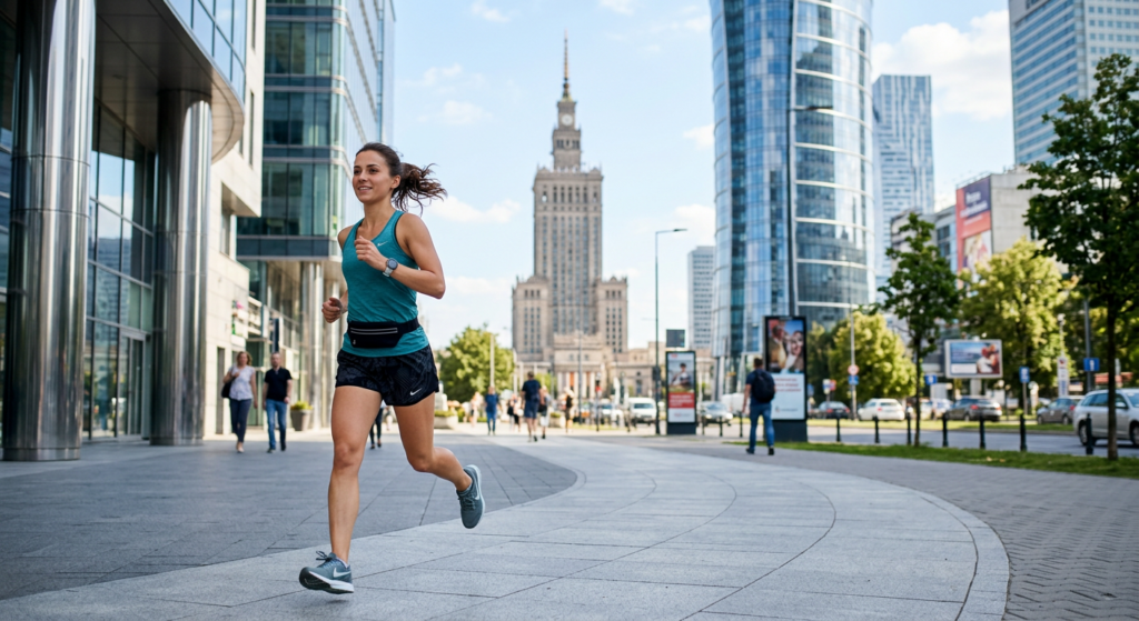 A vibrant, professional editorial photograph of a young, active person jogging through Warsaw's mode